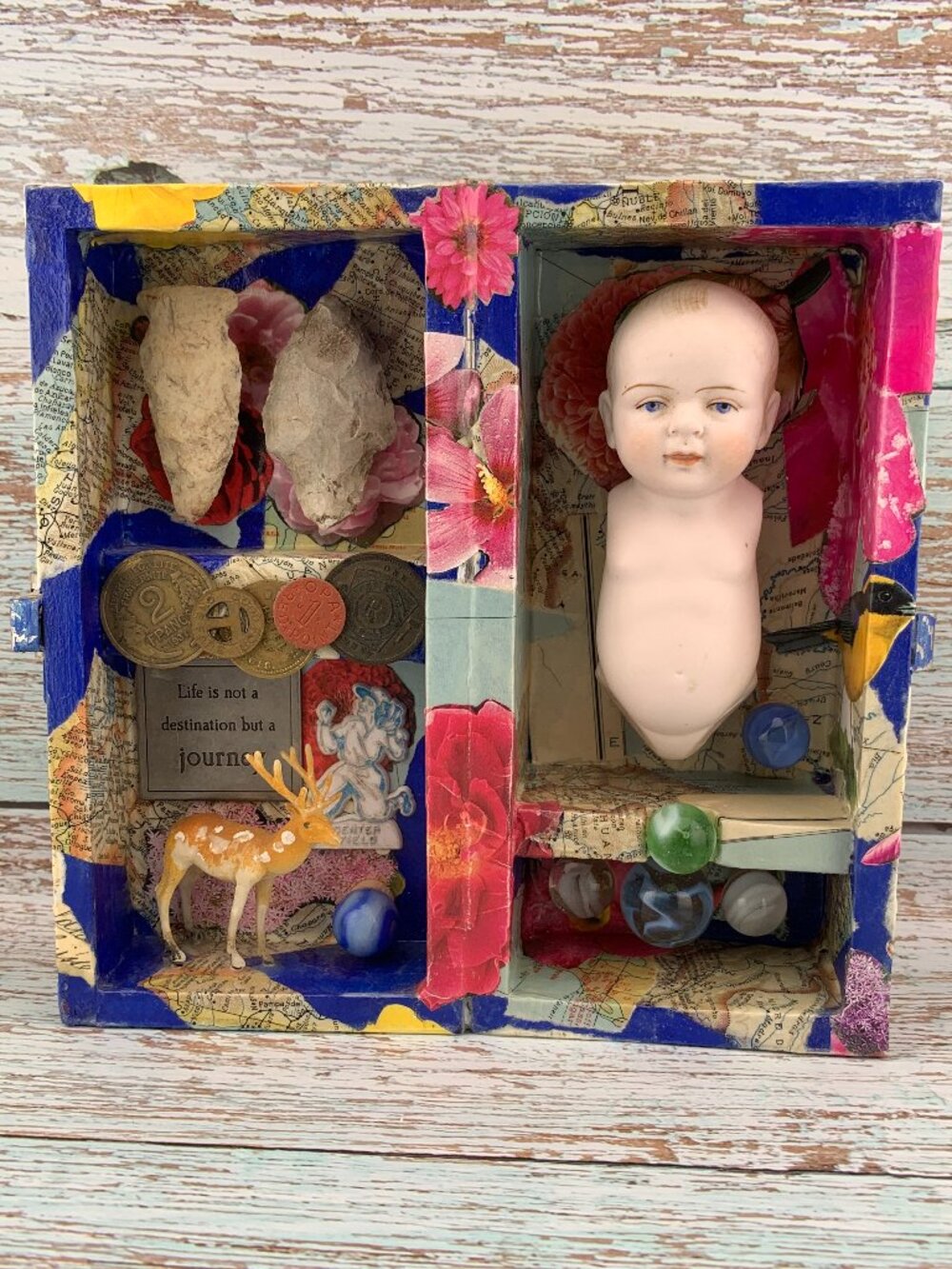 Assemblage Art Boy Doll Arrowheads Deer Toys A Boys Journey Wall Hanging or Sit